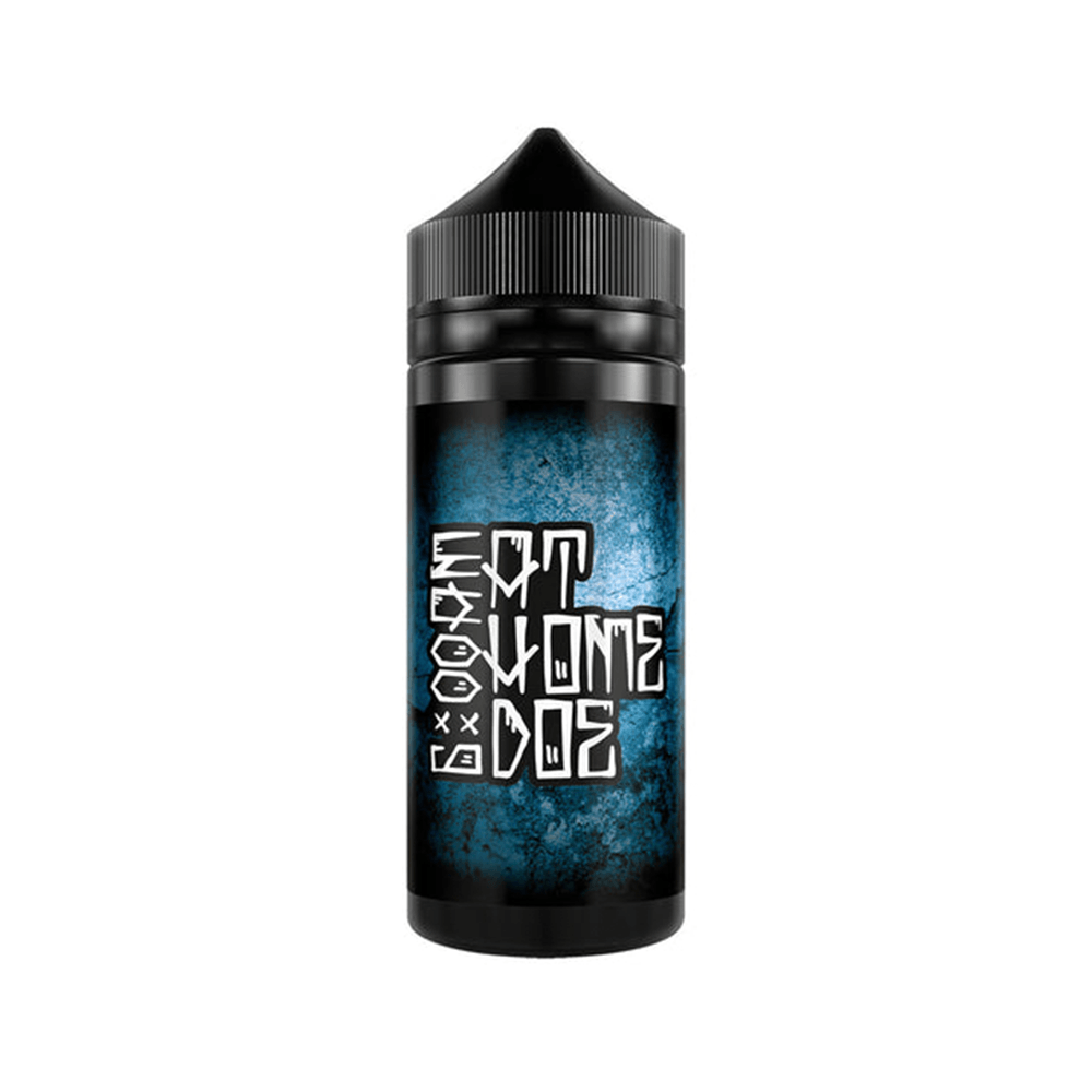 Vape juice bottle with a blue and black label, text reads "At Home Doe".