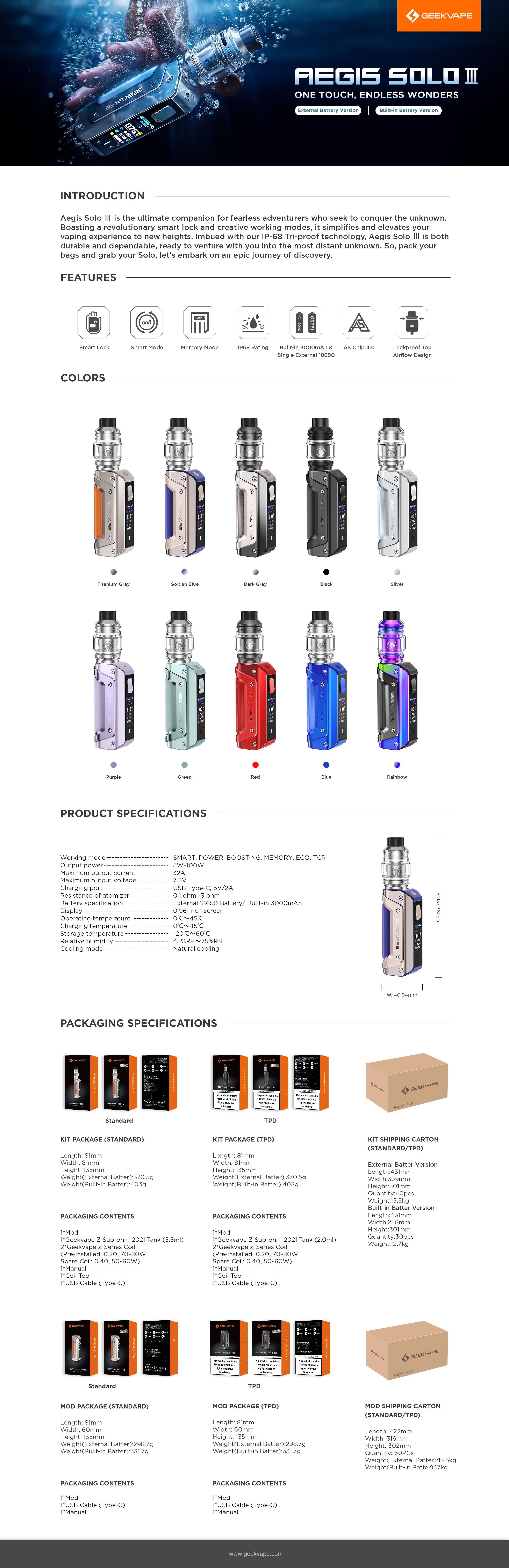 Geekvape Aegis Solo 3 (S100) Vape Kit - ECIGONE