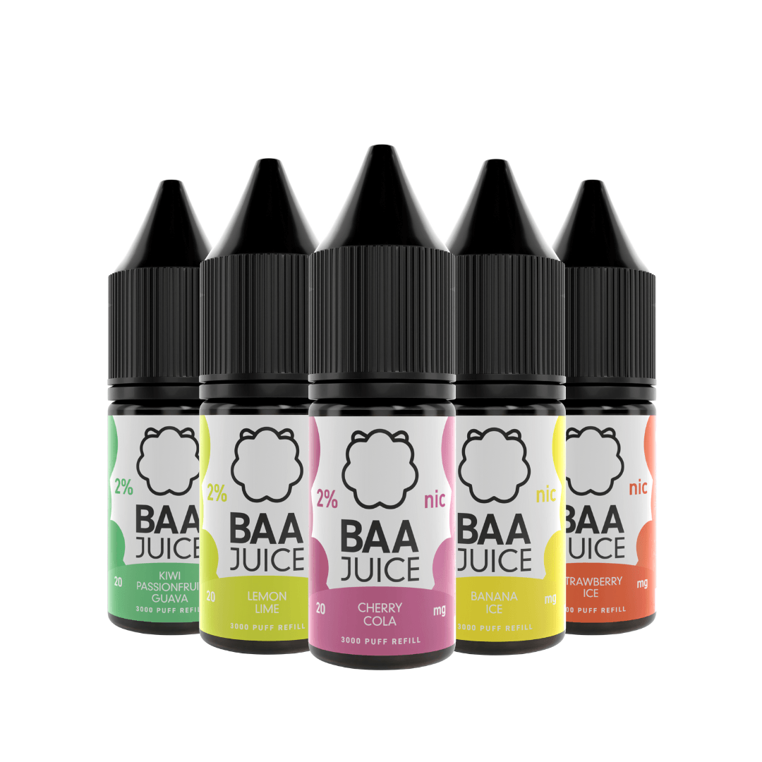 Five Baa Juice nic salt bottles in various flavours, including Kiwi Passionfruit Guava and Lemon Lime.