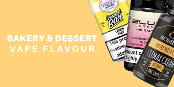 Dessert and pastry flavored e-liquids featuring Dinner Lady, Bombo and ELUX Legend dessert series.