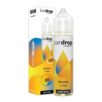 bar drop 50ml shortfill e-liquids stood beside a box displaying banana ice flavour featuring 21,000 puffs