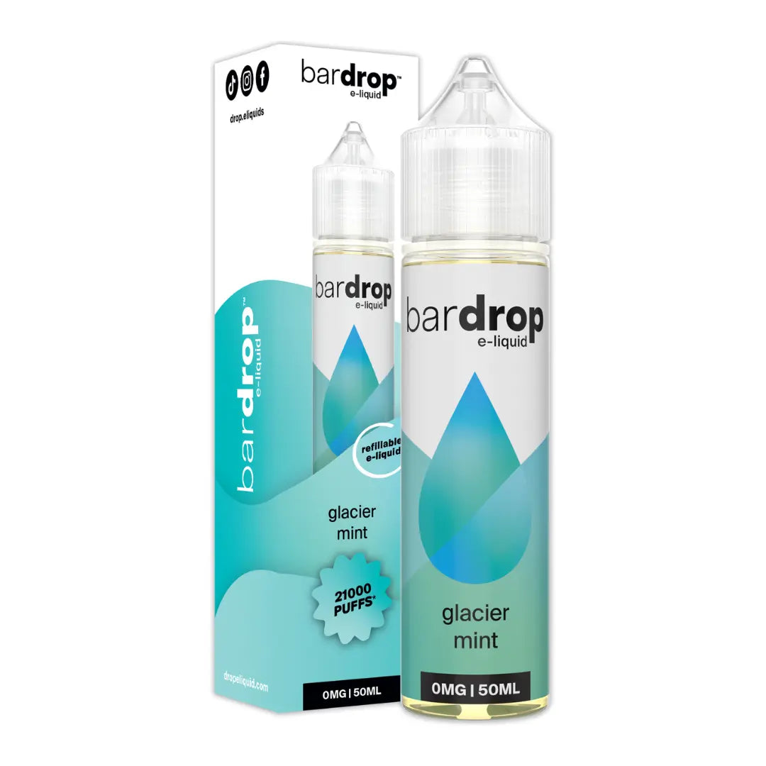 bar drop 50ml shortfill e-liquids stood beside a box displaying glacier mint flavour featuring 21,000 puffs