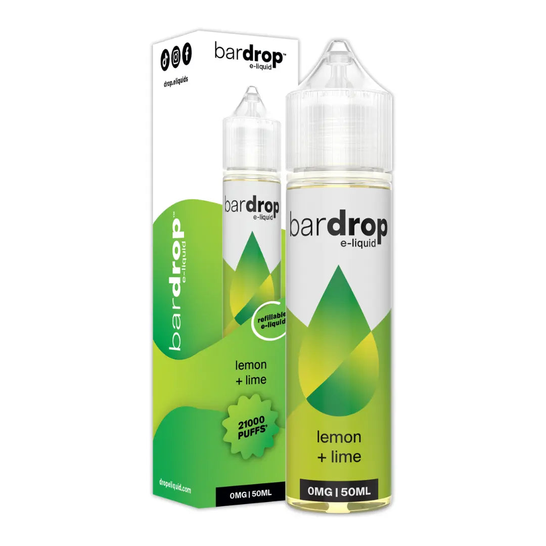 bar drop 50ml shortfill e-liquids stood beside a box displaying lemon & lime flavour featuring 21,000 puffs