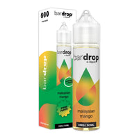 bar drop 50ml shortfill e-liquids stood beside a box displaying malaysian mango flavour featuring 21,000 puffs