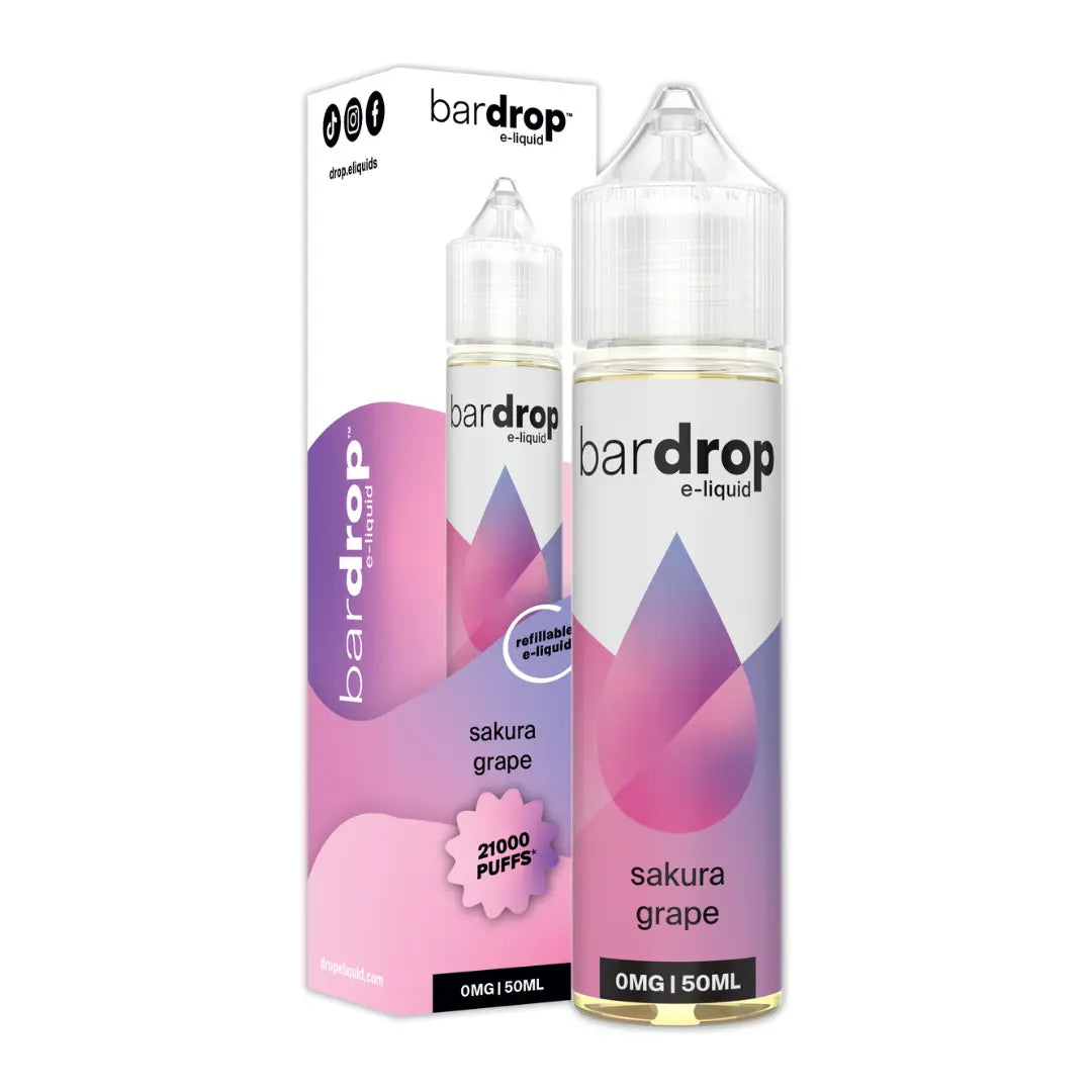 bar drop 50ml shortfill e-liquids stood beside a box displaying sakura grape flavour featuring 21,000 puffs