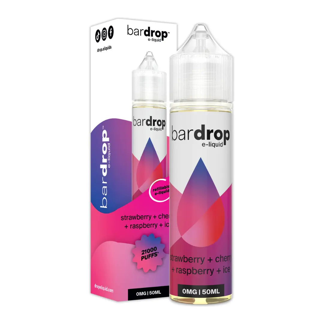 bar drop 50ml shortfill e-liquids stood beside a box displaying strawberry, cherry, raspberry ice flavour featuring 21,000 puffs