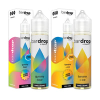 2 bar drop 50ml shortfill e-liquids stood side by side beside a box displaying banana ice and gummy bear flavours featuring 21,000 puffs