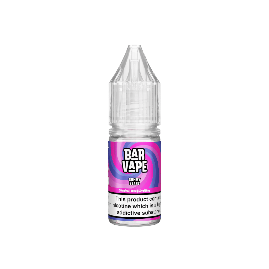 Bar Vape 10ml Nic Salt Gummy Bears e-liquid bottle with pink and purple label.