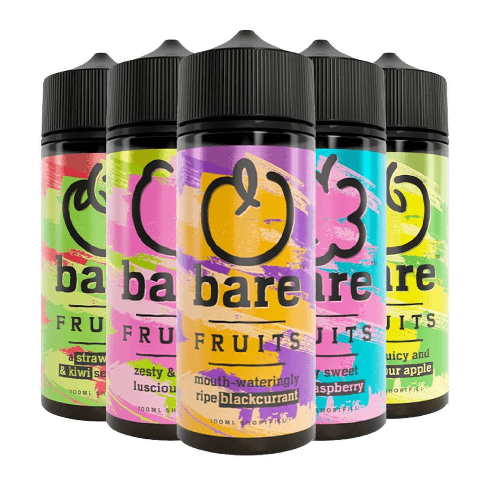 Five vibrant Bare Fruits vape juice bottles in assorted fruity flavours.