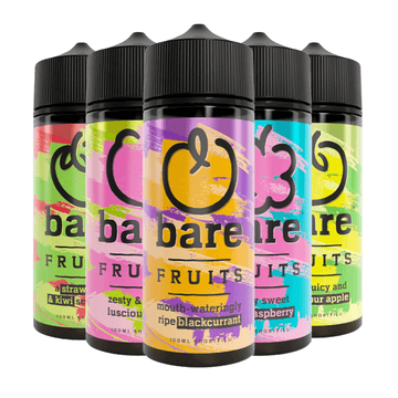 Five vibrant Bare Fruits vape juice bottles in assorted fruity flavours.