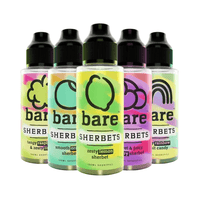 Five Bare Sherbets e-liquid bottles in various fruity flavours, including Zesty Lemon and Tangy Raspberry.