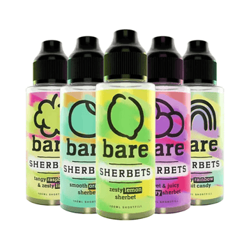 Five Bare Sherbets e-liquid bottles in various fruity flavours, including Zesty Lemon and Tangy Raspberry.