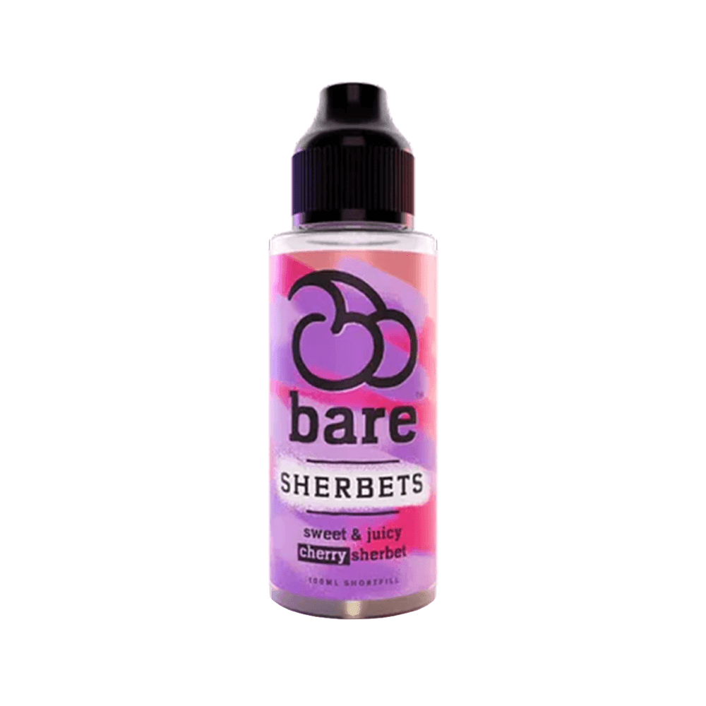 Bare Sherbets 100ml vape juice bottle with cherry flavour label.