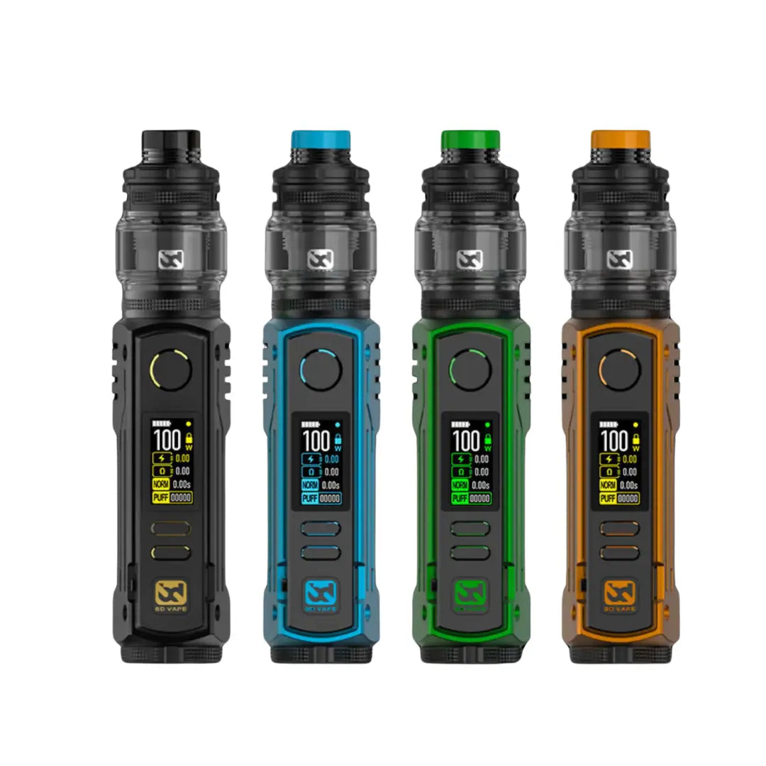 BD Vape Rayden 100 Vape Kit in multiple colours, featuring a digital display, adjustable wattage up to 100W, and a rugged design for powerful vaping.