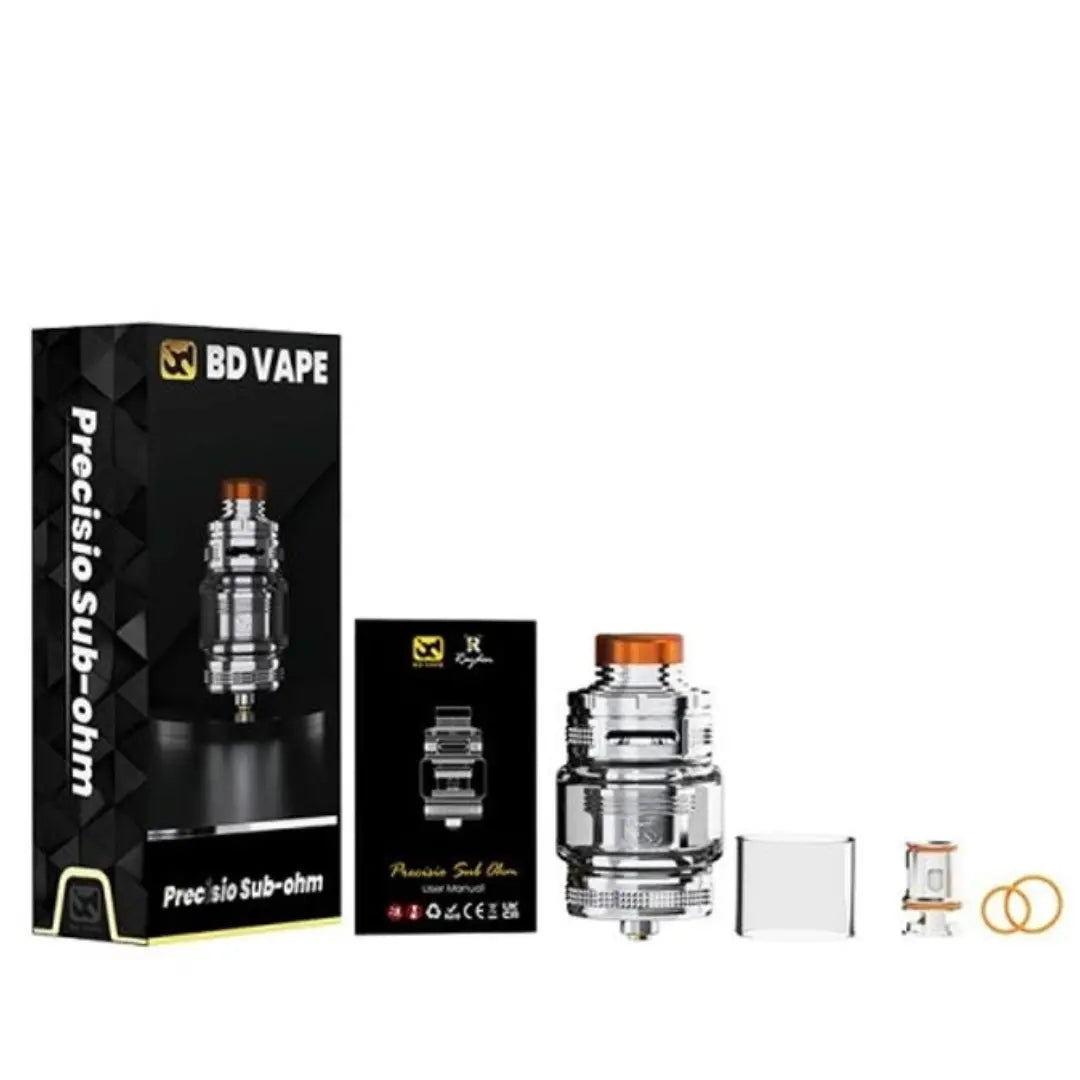 BD Vape Precisio Sub-Ohm Tank kit, showing tank, packaging, spare glass, coil, O-rings, and user manual for easy setup and maintenance.