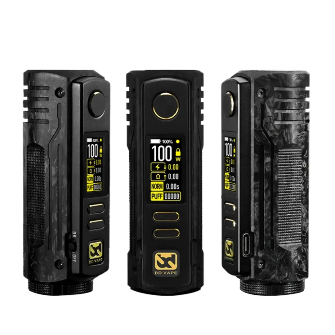 BD Vape Rayden 100 mod in forged carbon fibre, showcasing its digital display and sleek design.