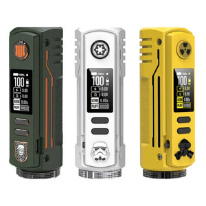 BD Vape Rayden 100W Limited Edition Box Mods in green, white, and yellow designs, featuring a compact display and unique branding.