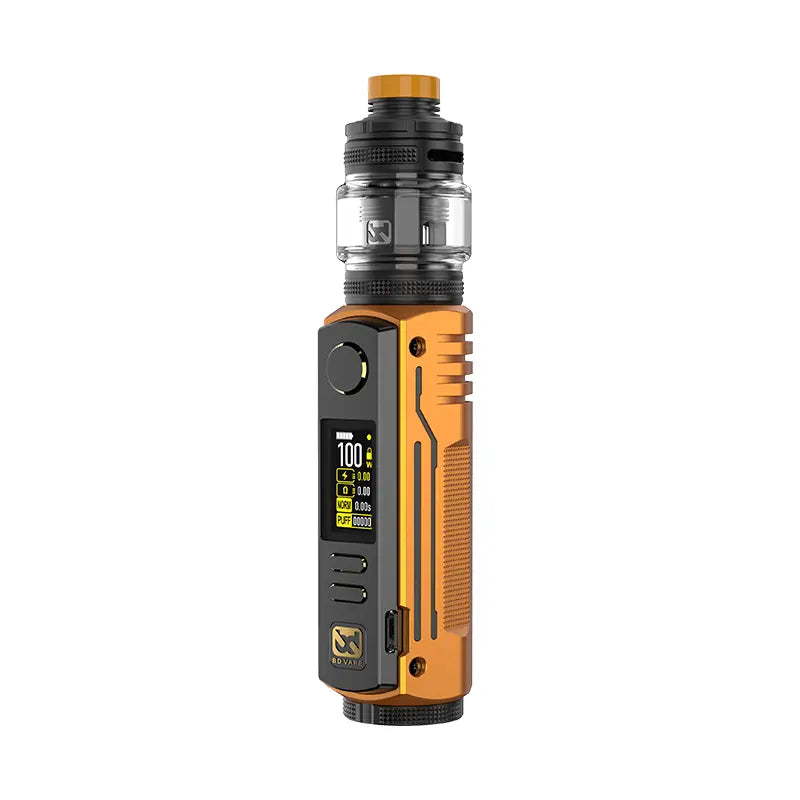 BD Vape Rayden 100 Vape Kit in Orange, featuring a digital display, adjustable wattage up to 100W, and a rugged design for powerful vaping.