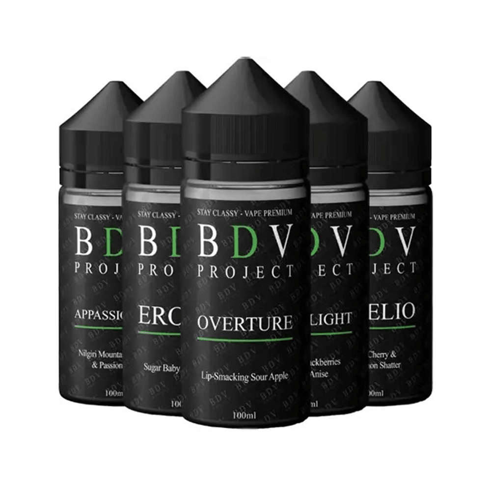 Five BDV Project 100ml vape juice bottles with distinct flavour labels.