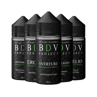 Five BDV Project 100ml vape juice bottles with distinct flavour labels.