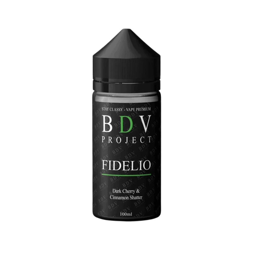 BDV Project Fidelio 100ml vape juice bottle, dark cherry & cinnamon flavour.