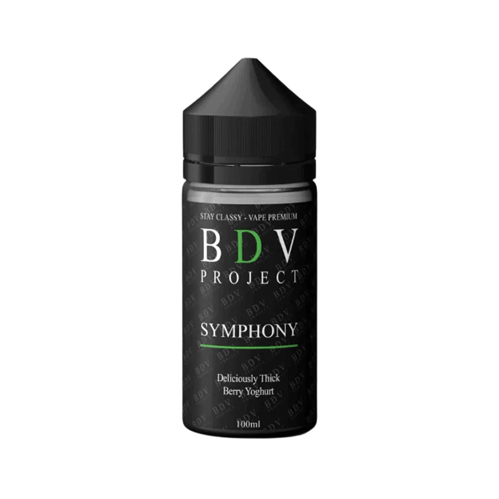 BDV Project Symphony 100ml vape juice bottle, black label with green and white text.