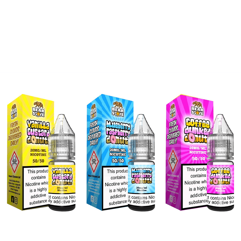 Three Bear State Vapor e-liquid bottles: Vanilla Custard, Blueberry Raspberry, Coffee Dunker.