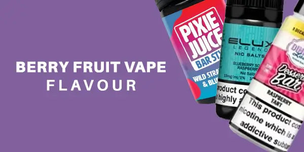 Berry fruit vape flavor graphic with Pixie Juice Wild Strawberry & Blueberry, ELUX Blueberry Sour Raspberry, and Dinner Lady Raspberry Tart.