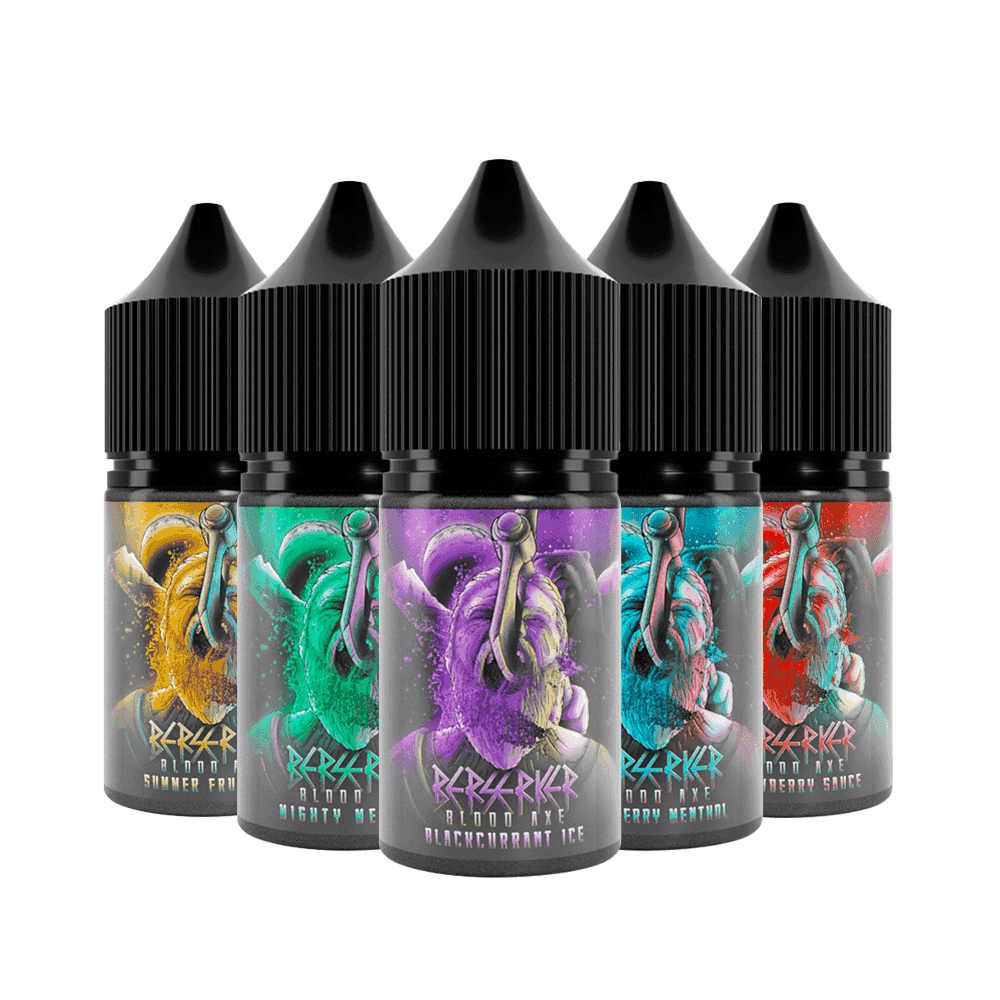 Five colourful Berserker Blood Axe vape concentrate bottles in a row.