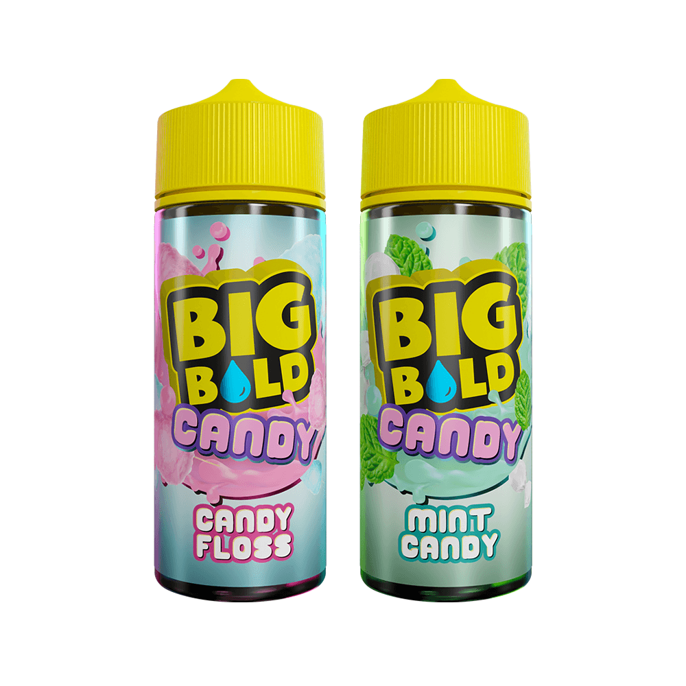 Two Big Bold Candy e-liquid bottles: Candy Floss and Mint Candy flavours, 100ml each.