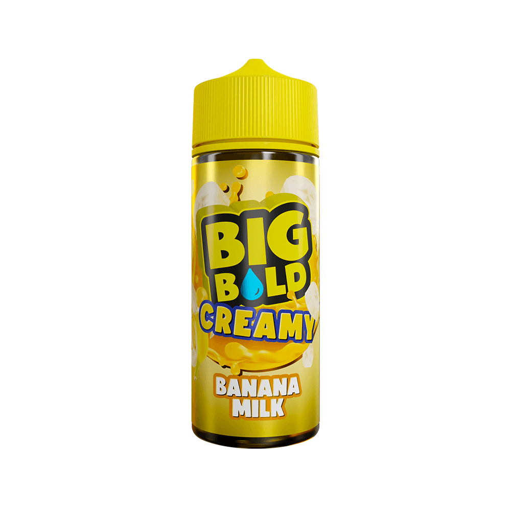 Big Bold Creamy Banana Milk vape liquid bottle with a yellow cap and vibrant label.