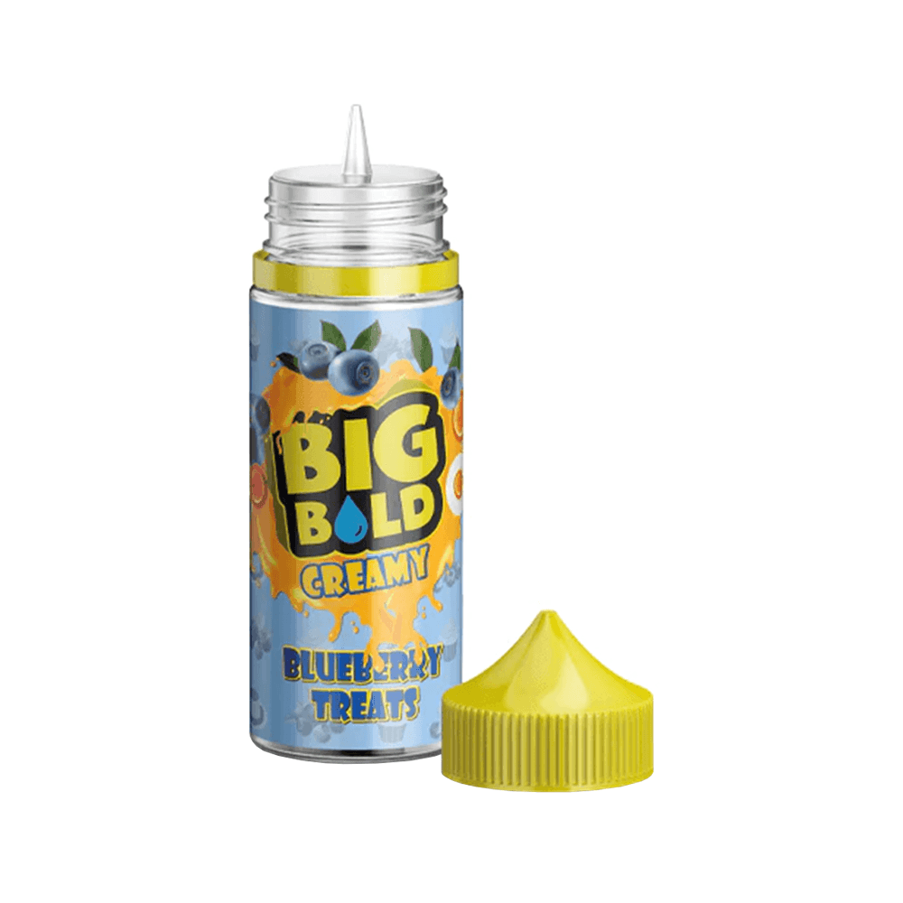 Big Bold Creamy Blueberry Treats vape juice, 100ml bottle with yellow cap.