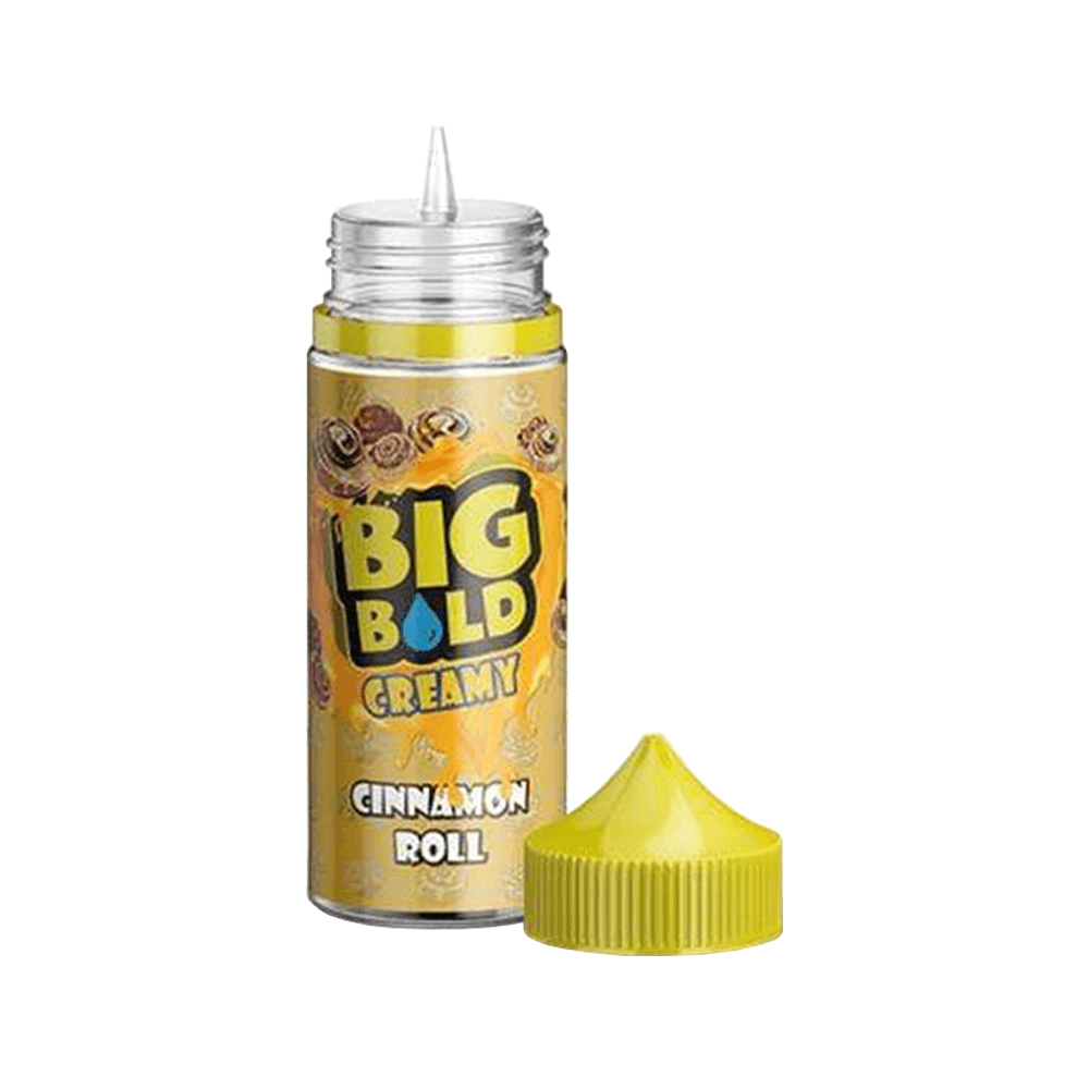 Big Bold Creamy Cinnamon Roll 100ml shortfill bottle with yellow cap, label showing cinnamon swirls.