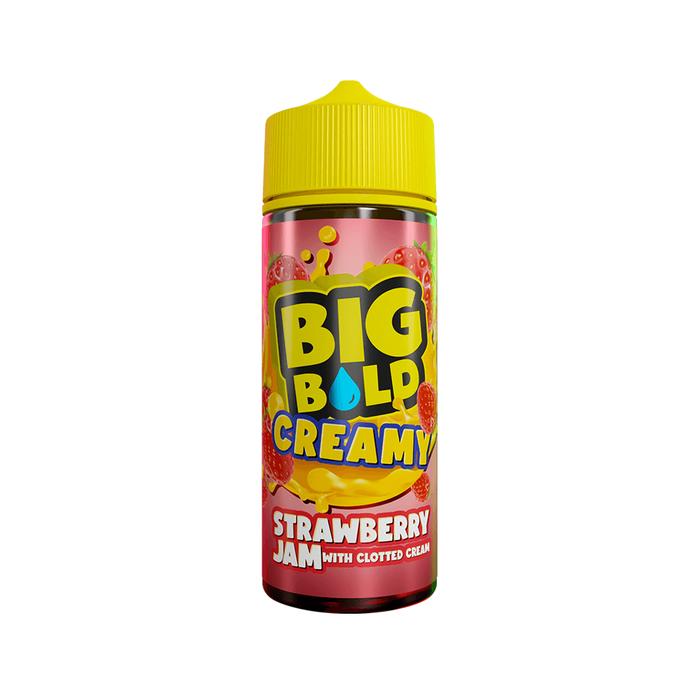 Big Bold Creamy Strawberry Jam e-liquid bottle with a yellow cap and vibrant label design.