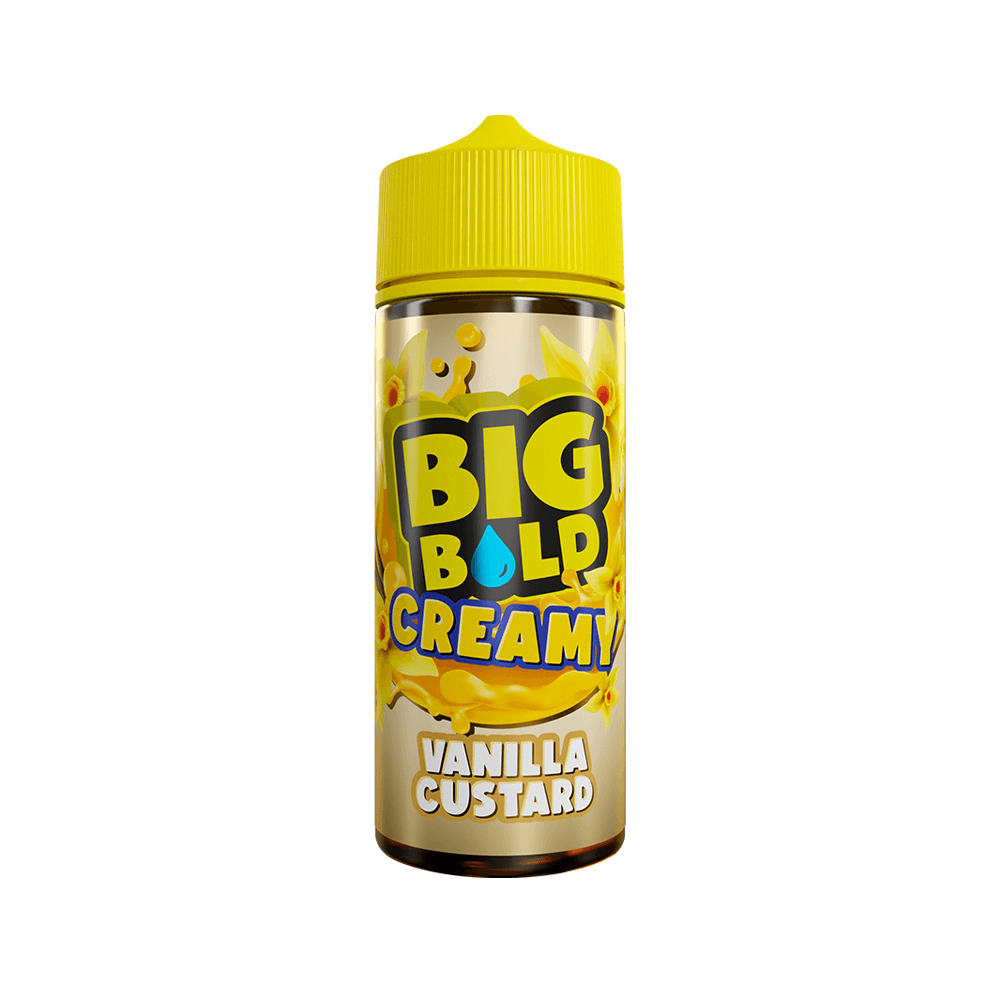 Big Bold Creamy Vanilla Custard vape juice bottle with a yellow cap and vibrant label design.