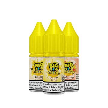 Three Big Bold Creamy e-liquid bottles: Vanilla Custard, Banana Milk, and Strawberry Banana.