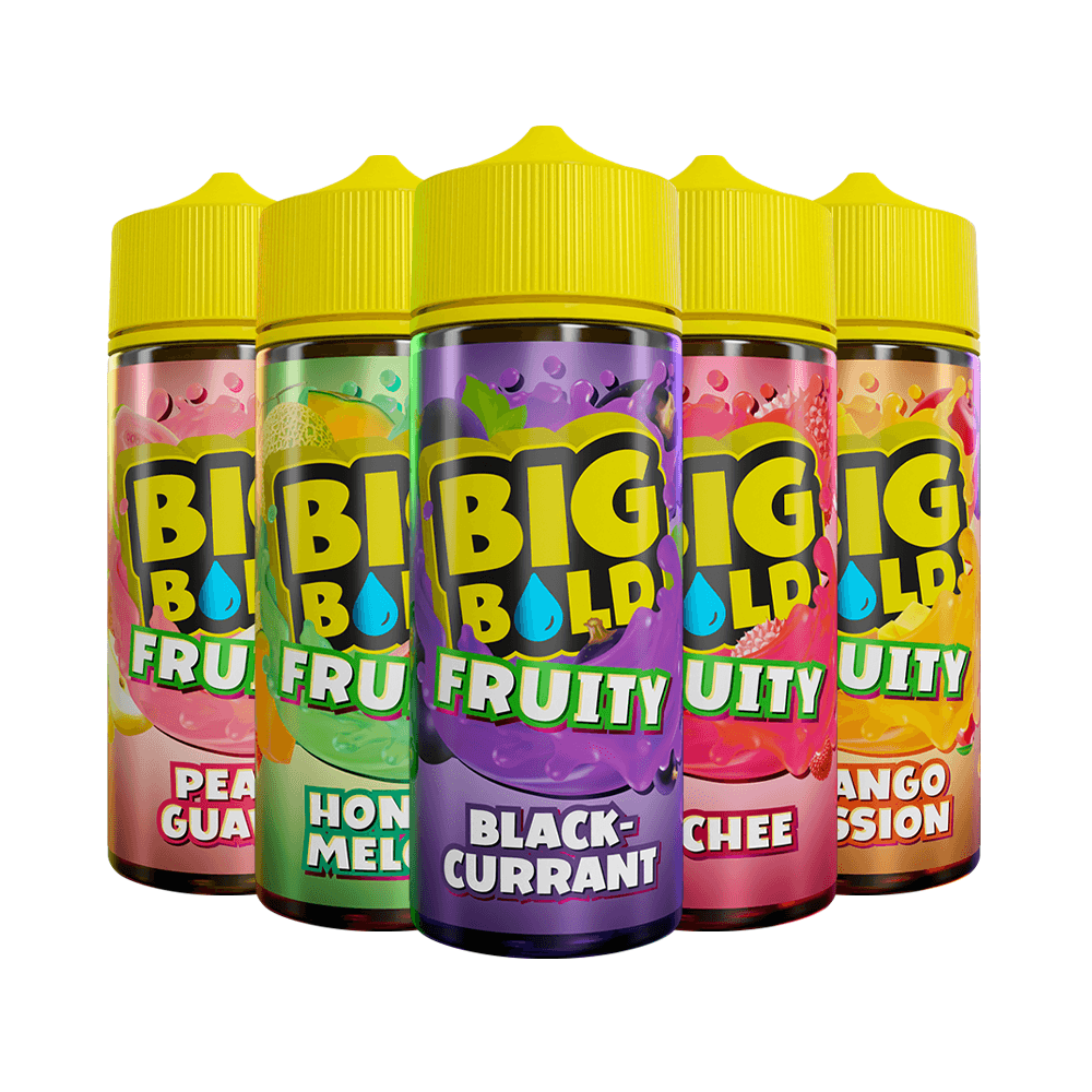 Five Big Bold Fruity e-liquid bottles: Peach Guava, Honey Melon, Blackcurrant, Lychee, Mango Passion.