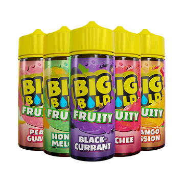 Five Big Bold Fruity e-liquid bottles: Peach Guava, Honey Melon, Blackcurrant, Lychee, Mango Passion.