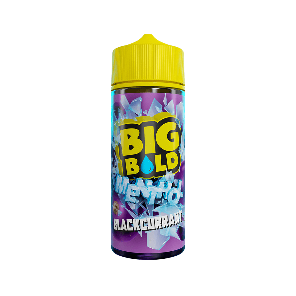 Big Bold Menthol Blackcurrant vape juice bottle with a yellow cap and vibrant label design.