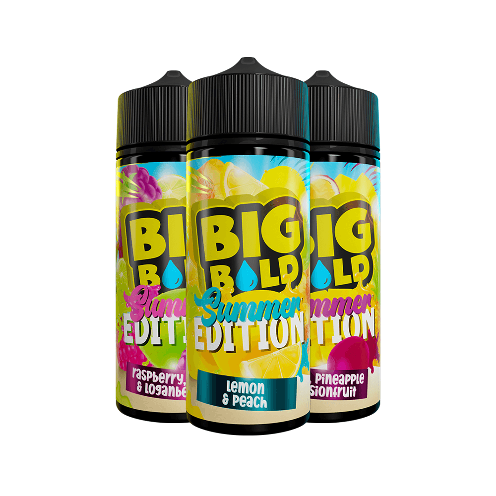 Three Big Bold Summer Edition vape juice bottles: Raspberry & Loganberry, Lemon & Peach, Pineapple & Passionfruit.