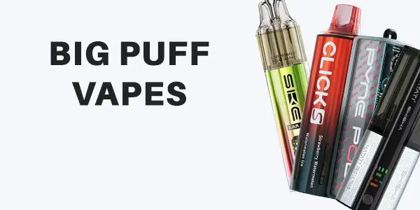 Big puff vapes and high-capacity pod systems for long-lasting use, showcasing brands like SKE, Pyne Pod and Hayati with vibrant flavor-coded designs.