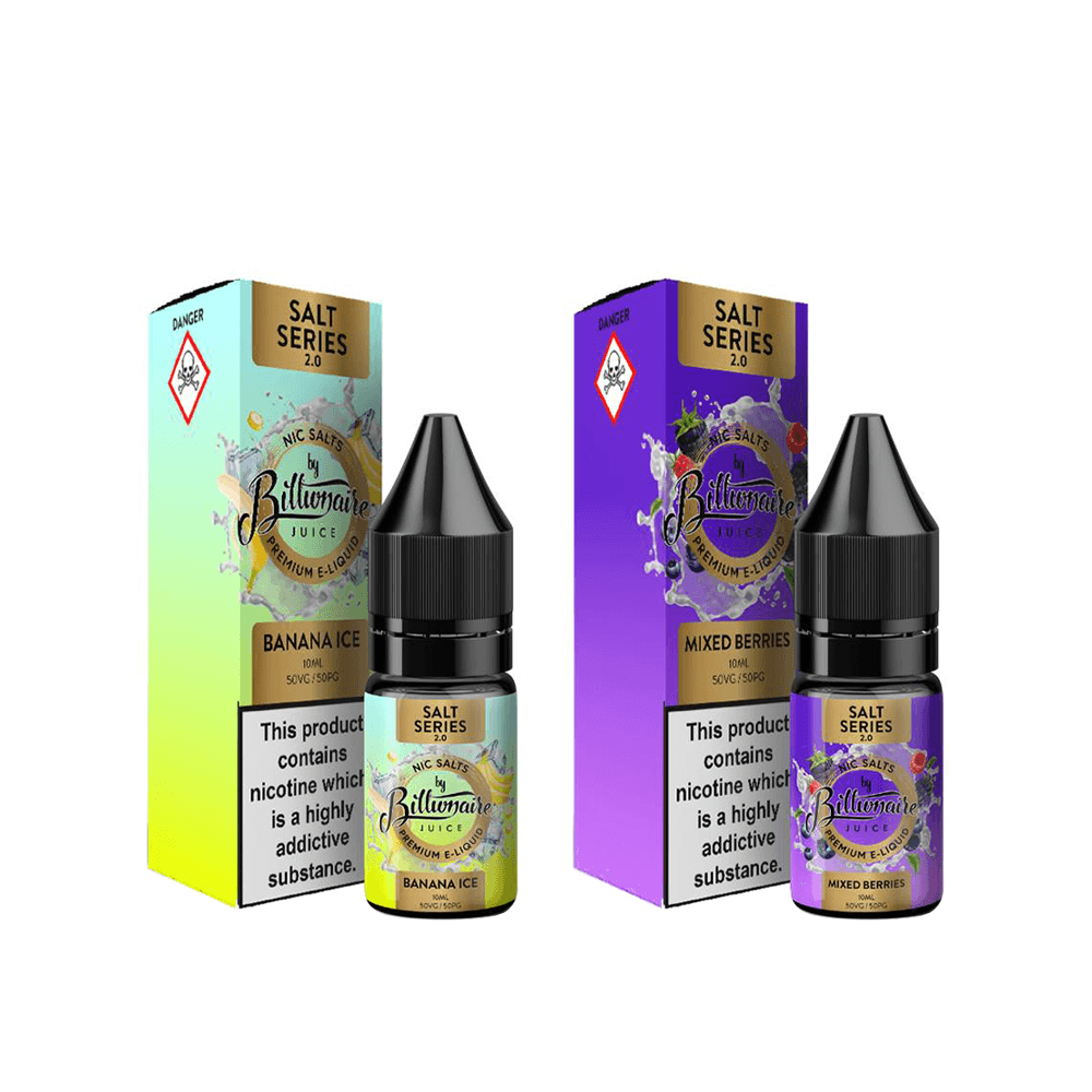 Billionaire Juice Salts: Banana Ice and Mixed Berries 10ml bottles with colourful packaging.