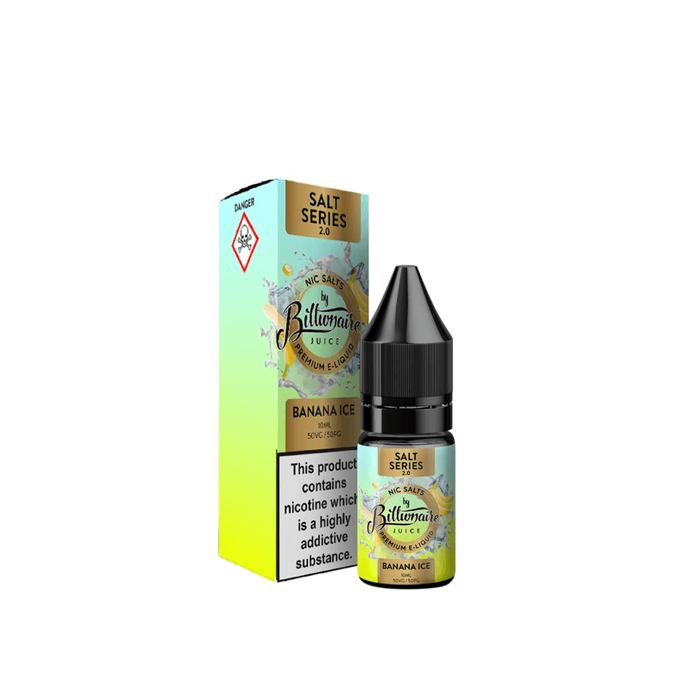 Billionaire Juice Banana Ice 10ml vape salt, bottle and box, yellow-green gradient design.