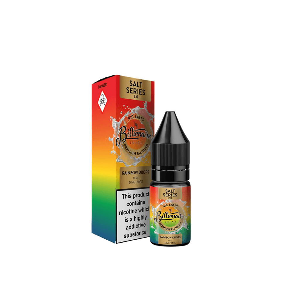 Billionaire Juice Salt Series 2.0 Rainbow Drops 10ml bottle with colourful box packaging.