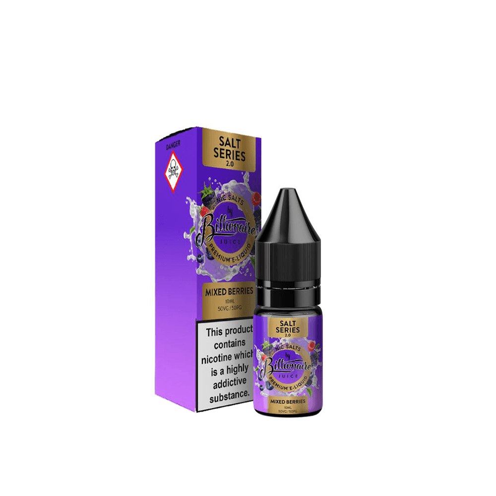 Billionaire 2.0 Mixed Berries vape juice, 10ml bottle with purple packaging.