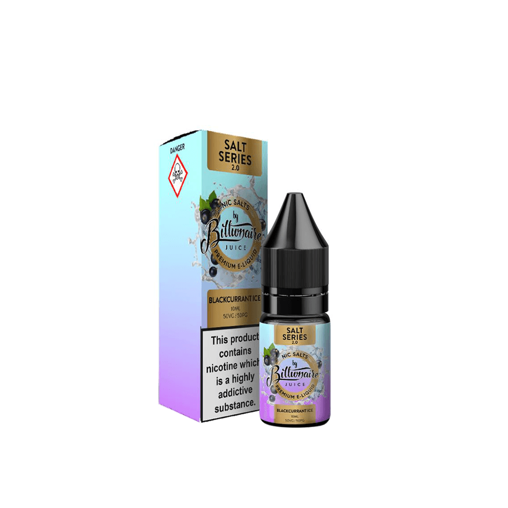 Billionaire Juice Salt Series 2.0 Blackcurrant Ice 10ml bottle and box with nicotine warning.