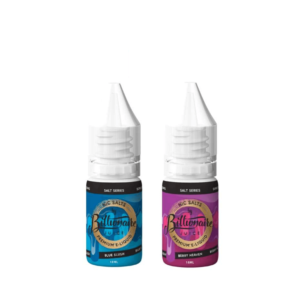 Two bottles of Billionaire Juice e-liquid, flavours Blue Slush and Berry Heaven.