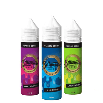 Three bottles of Billionaire Juice e-liquid: Berry Heaven, Blue Slush, Lime Rancher.