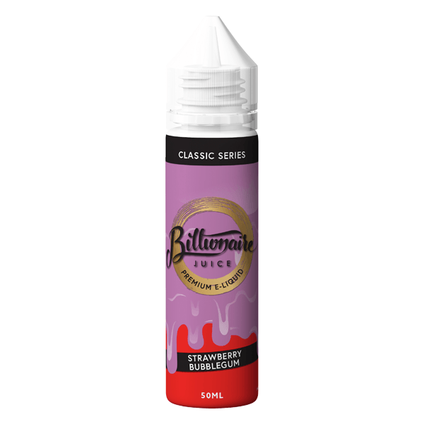 Billionaire Juice 50ml e-liquid bottle, strawberry bubblegum flavour, pink label.