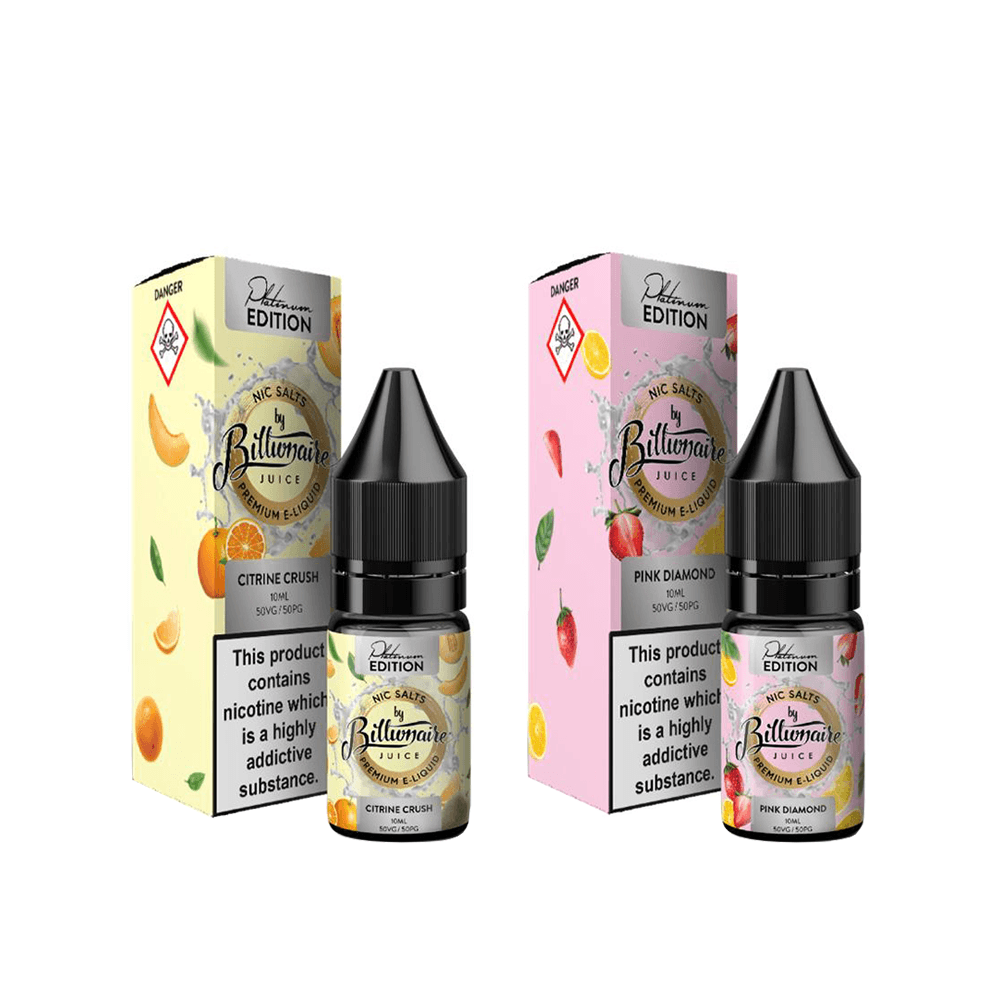 Billionaire Juice Platinum Edition e-liquids: Citrine Crush and Pink Diamond bottles and boxes.